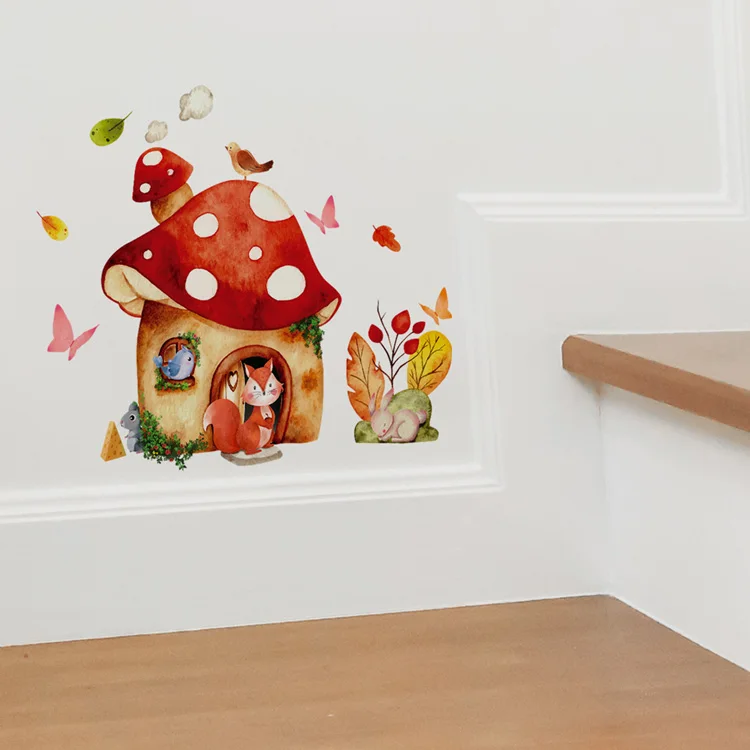 Cartoon Pilzhaus Wandaufkleber für Kinderzimmer Dekoration Wandbild Schlafzimmer Heimdekor Tapete Fuchs Hase Niedliche Tiere Aufkleber – Detail 5