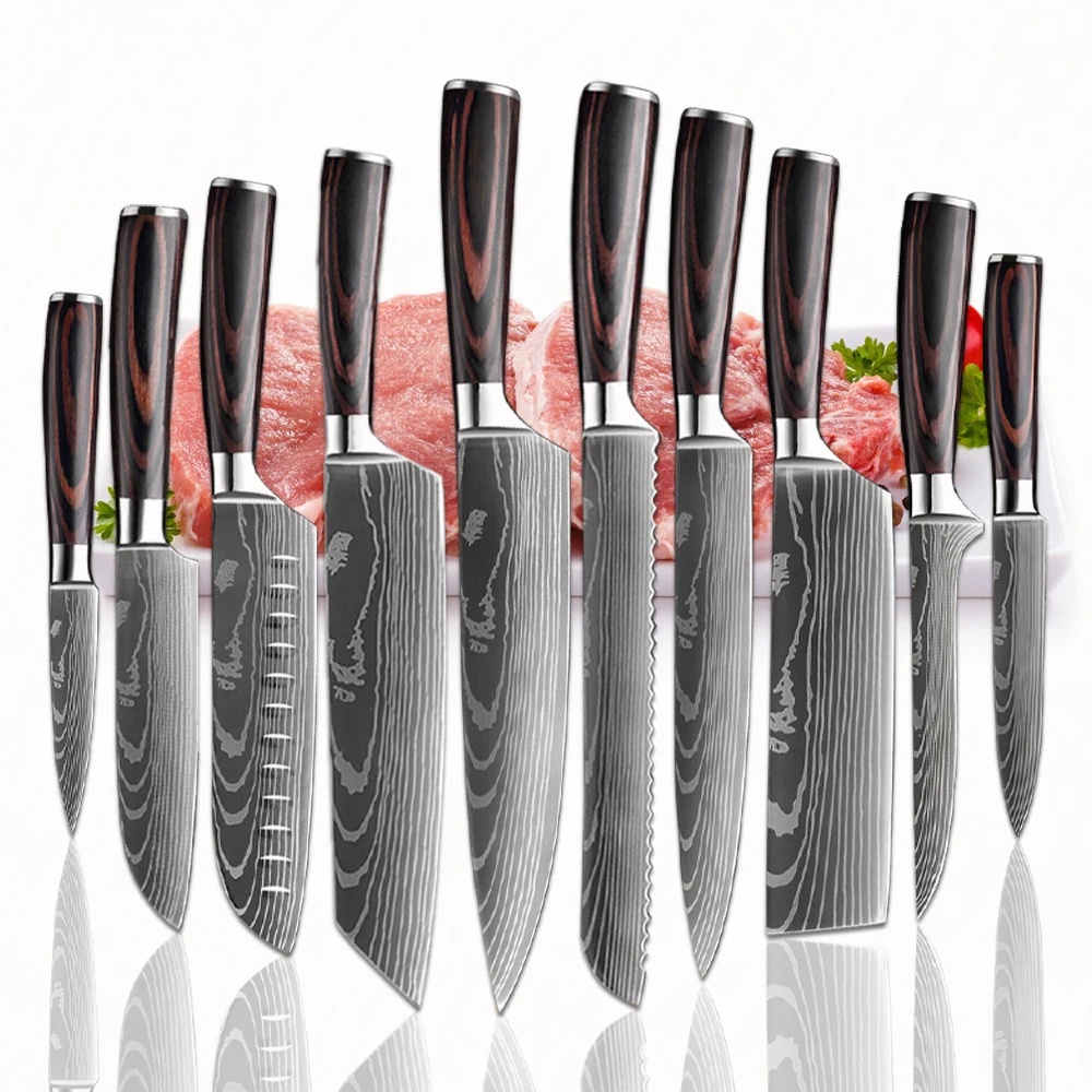 

1-10PCS Kitchen Knives Sets Laser Damascus Pattern Chef Knife Wood Handle Cleaver Slicing Bread Utility Paring Santoku Knife