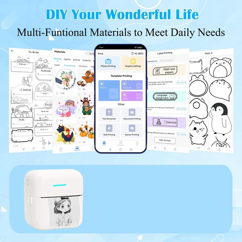 Mini Draagbare Printer, Inktloze Stickerprinter Met 12 Rollen Papier, Mini Thermische Printer Voor Notities/Foto 'S/Stickers