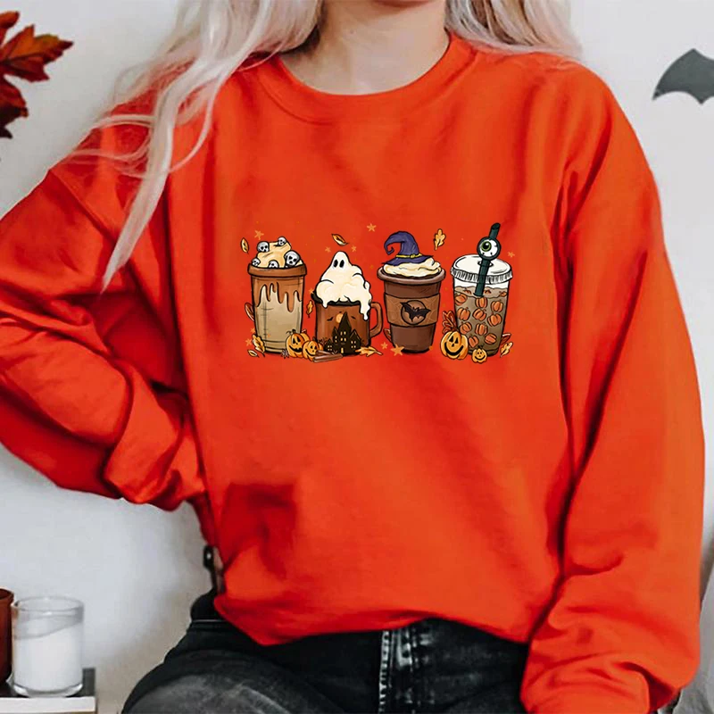 

Halloween Pumpkin Coffee Print Sweatshirts Autumn Winter Women Round Neck Sweatshirts Casual Long Sleeve Hoodless Pullovers Tops