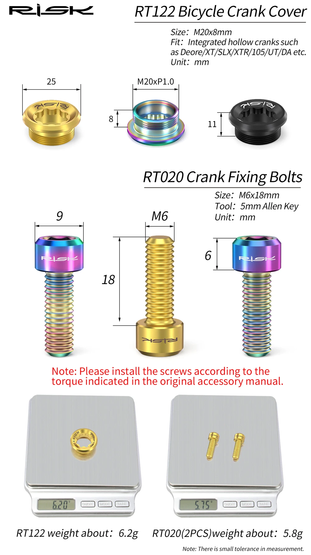 RISK M20x8mm M6x18mm Titanium Bicycle Crankset Cover Bolts XT XTR Mountain Road Bike Plum Blossom Bottom Bracket Crank Arm Screw