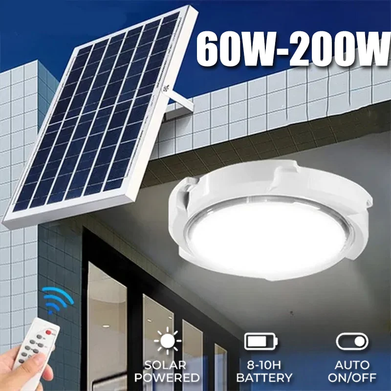 High Power LED Solar Ceiling Light IP66 Waterproof Remote Control Dimmable Lamp for Living Room Garden Corridor Garage Workshop