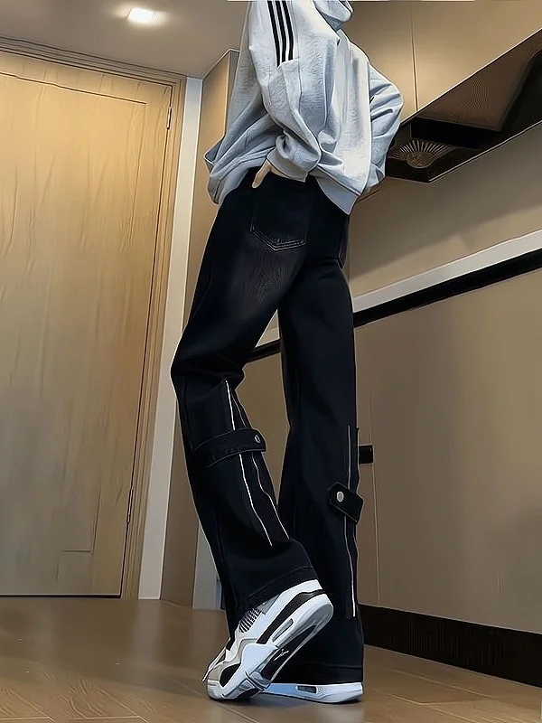 

American Sle Retro Button down Denim Jeans Men's Casual Spring Autumn New Straight Leg Micro Flared Pants for Teenagers