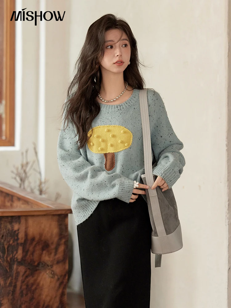 MISHOW Preppy Style Sweater Women 2024 Autumn Winter Sweet Warm O-Neck Cartoon Long Sleeve Knitted Pullovers Tops MXD55Z1032