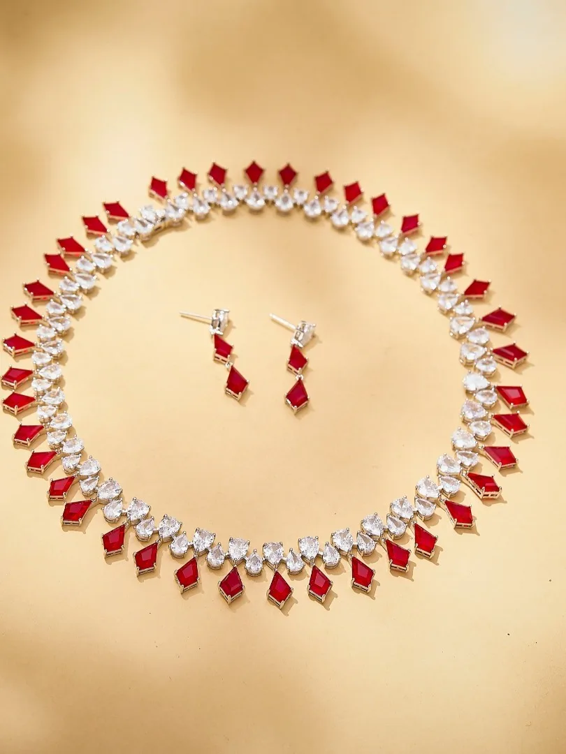 imitation-red-ruby-diamond-shape-evening-dress-chain-necklace-and-earring-set-for-bride-wedding-dress-glowing-water