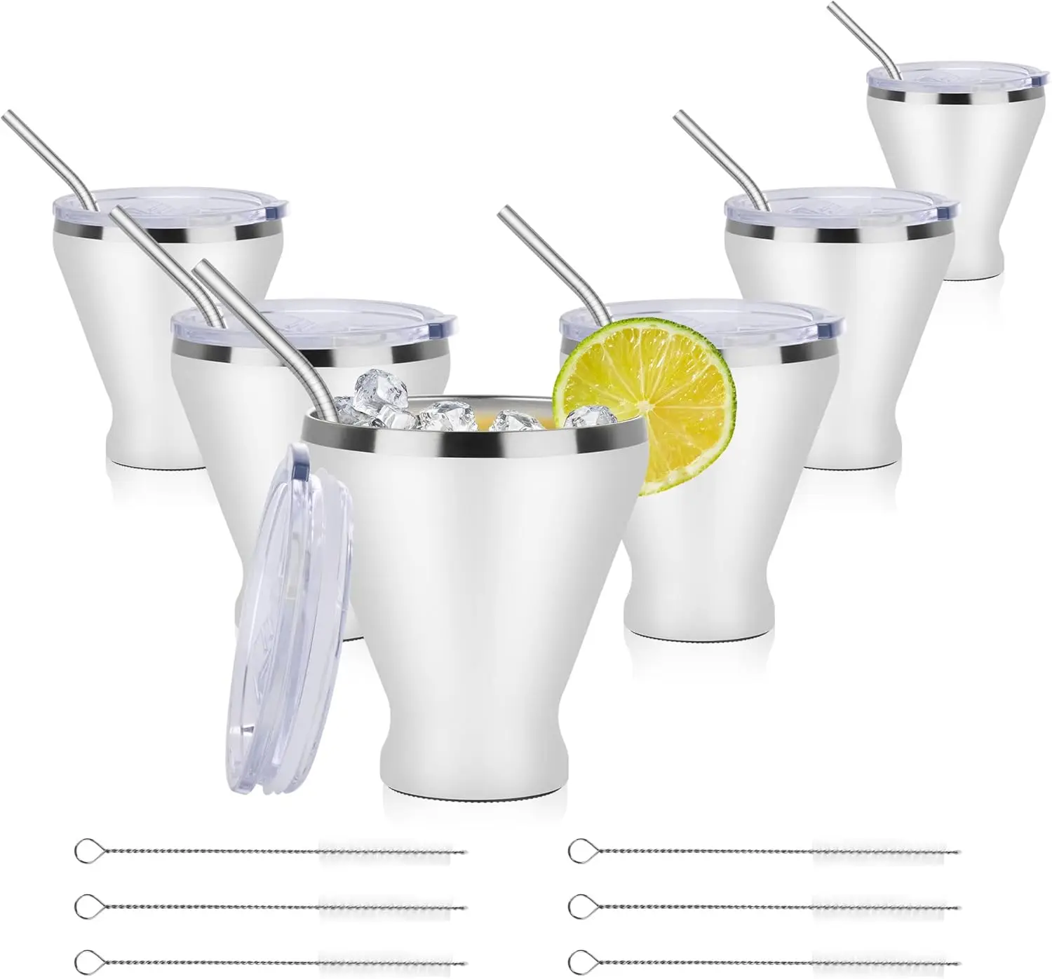

Double Wall Vacuum Insulated Martini Glasses Set of 6, 12 Oz Stainless Steel Wine Tumbler with Lid and Straw, Stay Cold