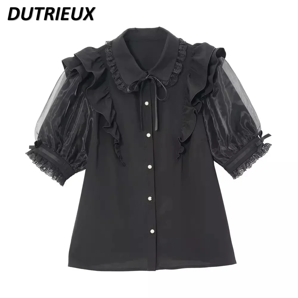 

Summer Women's Tops Japanese Style Sweet Lady V-Shaped Ruffled Chiffon Blouse Patchwork Puff Short Sleeve Shirt for Women Summer