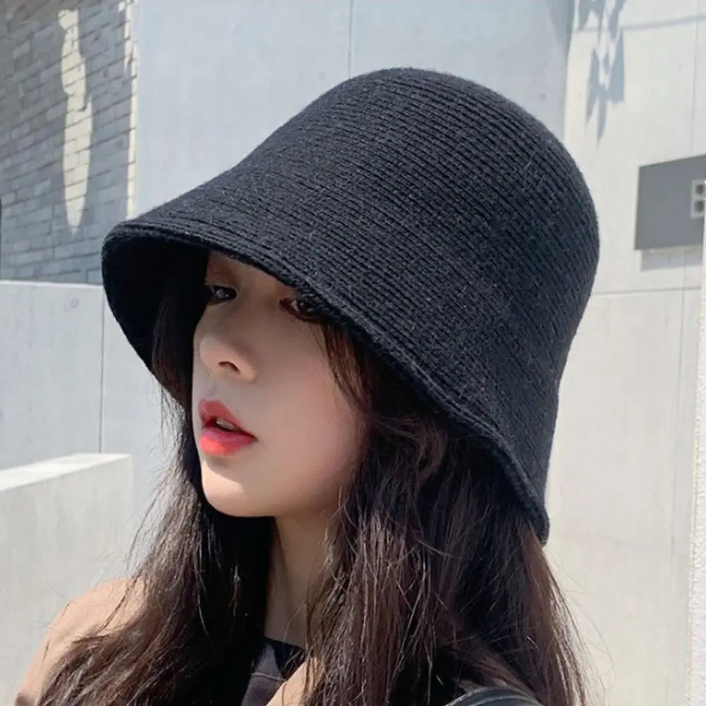 Winter Thermal Bucket Hat Solid Color Warm Wool Fisherman Cap Casual Foldable Panama Hat Women Outdoor Sunscreen Sun Cap Fashion