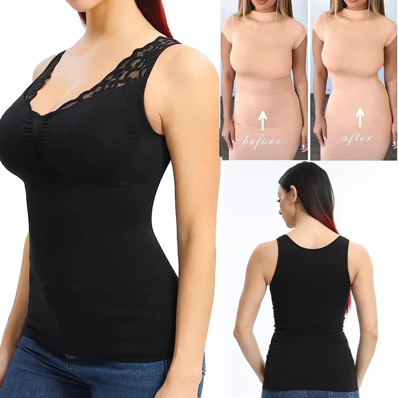 

Sexy Tanks Tops Shaper For Women Plus Size Cami Built in Bra Shapewear Tummy Control Camisa Lace Slimming Compression Undershirt