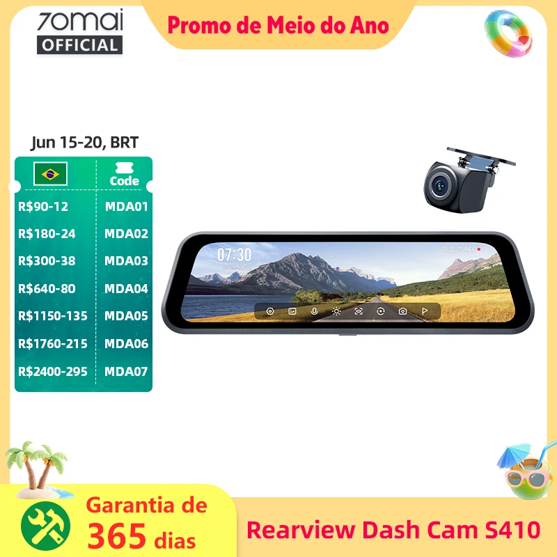 Câmera de Painel Traseiro 70mai S410 com Tela Espelho de 9.35\", Frontal 2K e Traseira 1080P, Abertura F1.55, Supercapacitor, Proteção 24/7