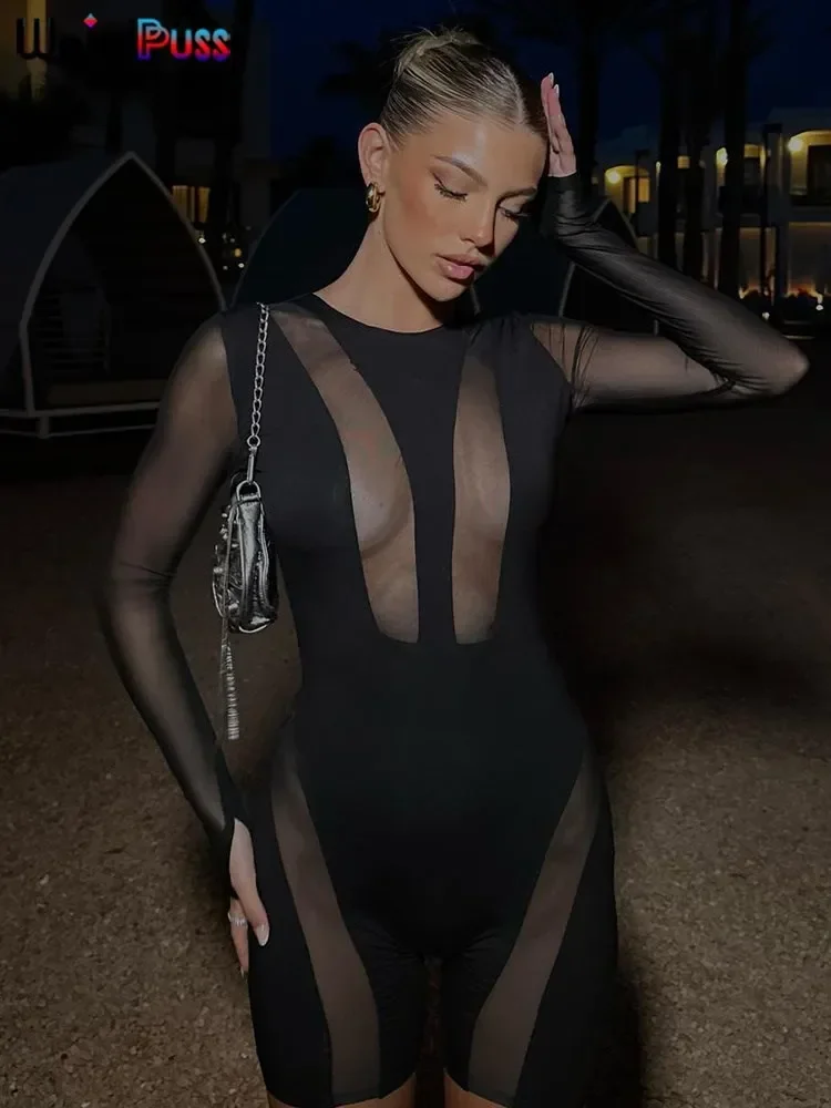 Weird Puss Mesh Sheer Women Romper Full Sleeve Round Neck Sexy One Pieces Bodycon 2024 Summer Trend Club Streetwear Rave Outfits