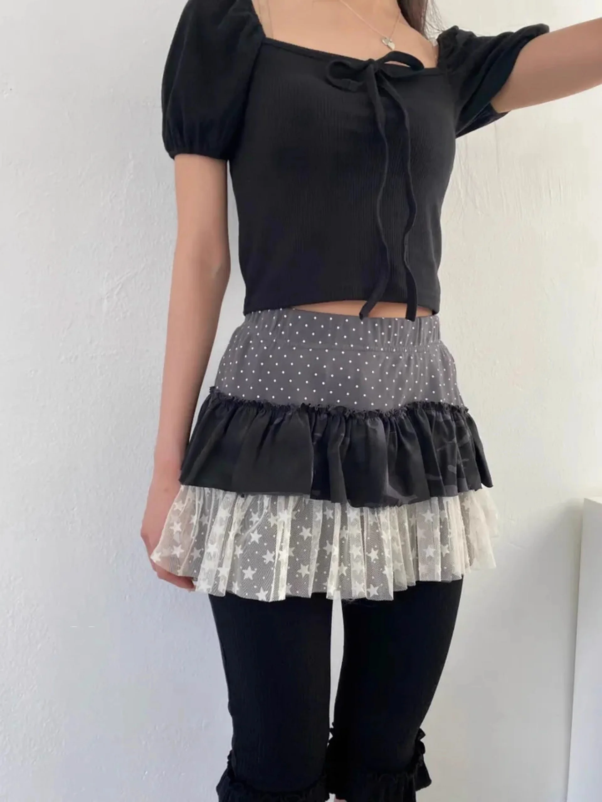 

Корейская юбка-торт с высокой талией, кружевная юбка в горошек со звездами, универсальный f-body Y2K, легкий романтический дорожный тур op Date