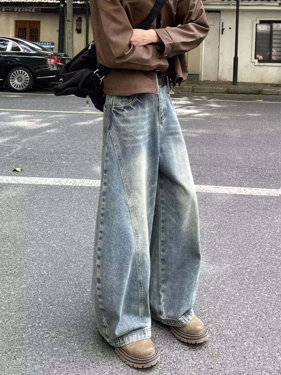 

Мужские джинсы свободного кроя с прямыми штанинами, весна-осень, новые, в американском ретро-стиле, с эффектом потертости, повседневные, модные, длинные брюки