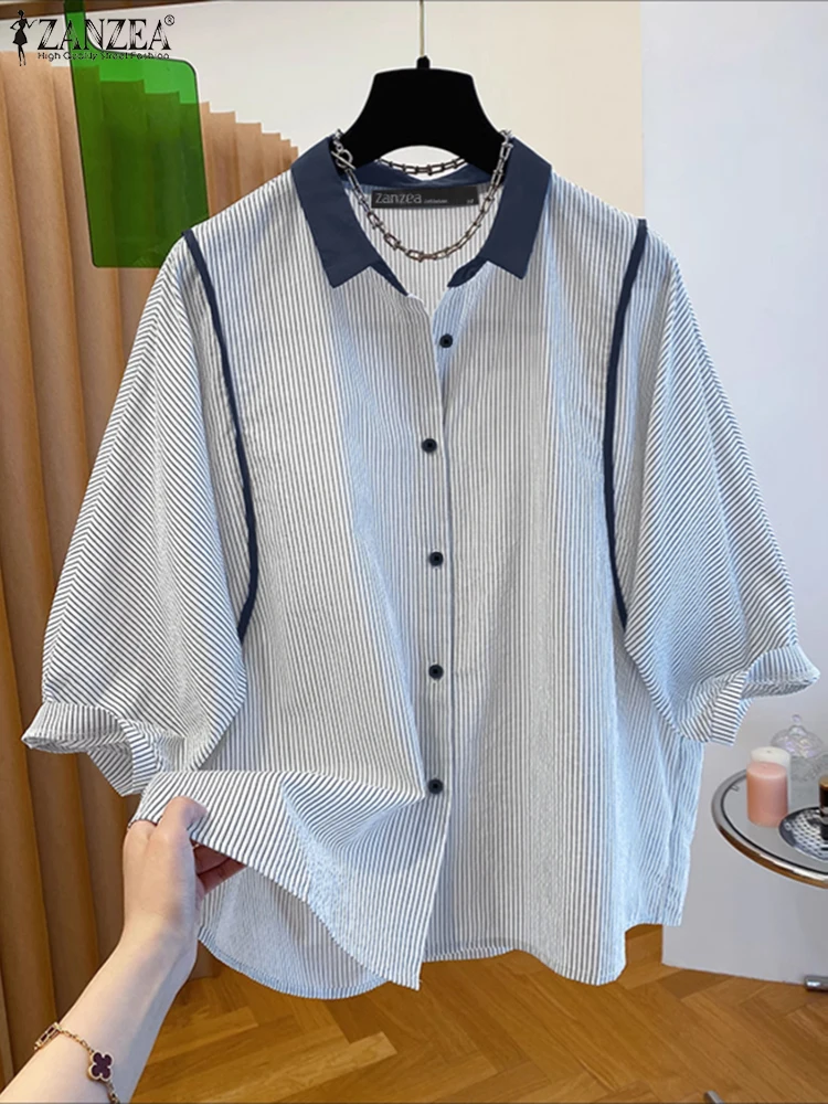 

ZANZEA Korean Fashion Striped Shirts Autumn Women Elegant Turn-Down Collar 3/4 Sleeve Contrast-Piping Color-Block Chemises Femme