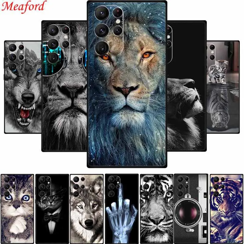 For Samsung S22 Ultra Phone Case Cover Lion Wolf Cat Black Silicone Soft Back Cases For Samsung Galaxy S22 Ultra Case S 22 Ultra