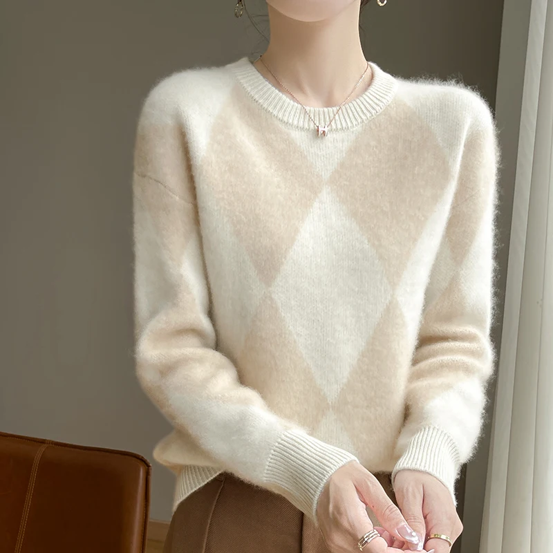 Женский вязаный свитер из 100% чистой шерсти с цветными блоками и бриллиантами, свитер с цветными блоками, свитер с круглым вырезом, осень-зима, новая базовая рубашка
