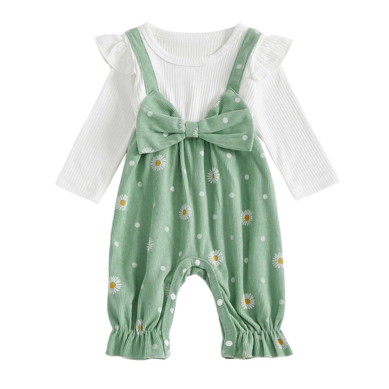 

Baby Girl Fall Romper Long Sleeve Round Neck Suspender Patchwork Daisy Print Jumpsuit Infant Pajamas