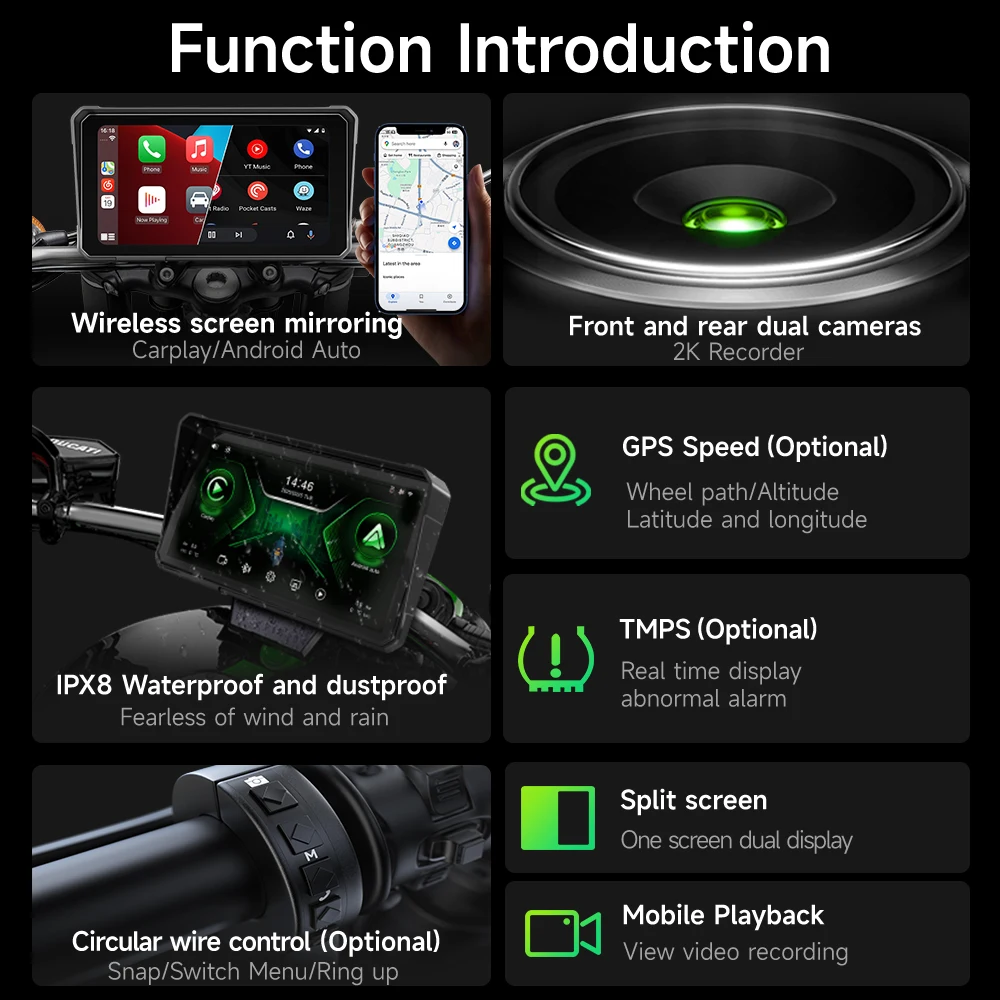 6'' Motorcycle Multimedia Player 2K HD Recorder GPS Navigation Wireless CarPlay Android Auto IPX8 Waterproof Screen Bluetooth - Image 2