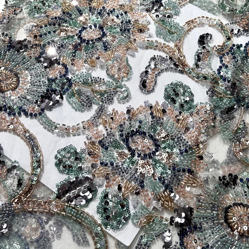 Latest African Beaded Lace Fabric Floral Embroidery High Quality 2025 Nigerian Lace Fabric For Sewing Women Dress by Yard
