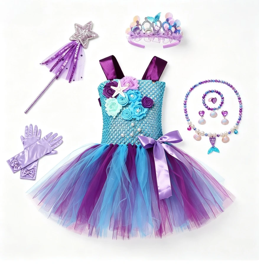 Pearl Mermaid Princess Layer Mesh Tutu Dress With Fancy Accessories Outfit For Kids Stage Performance Summer Holiday Party Wear