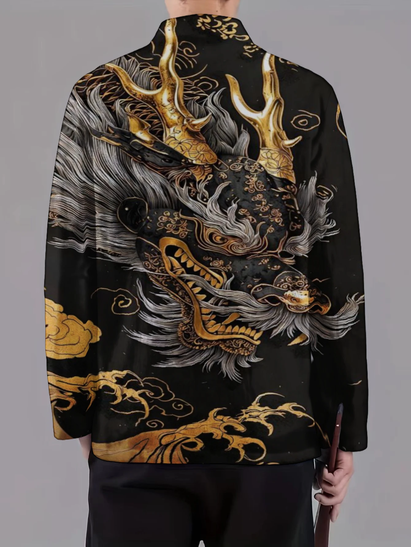 Men Retro Tang Suit Coat Mandarin Collar Frog Button Golden Dragon Cloud Allover Print Long Sleeve Fashion Outer Jacket For Male