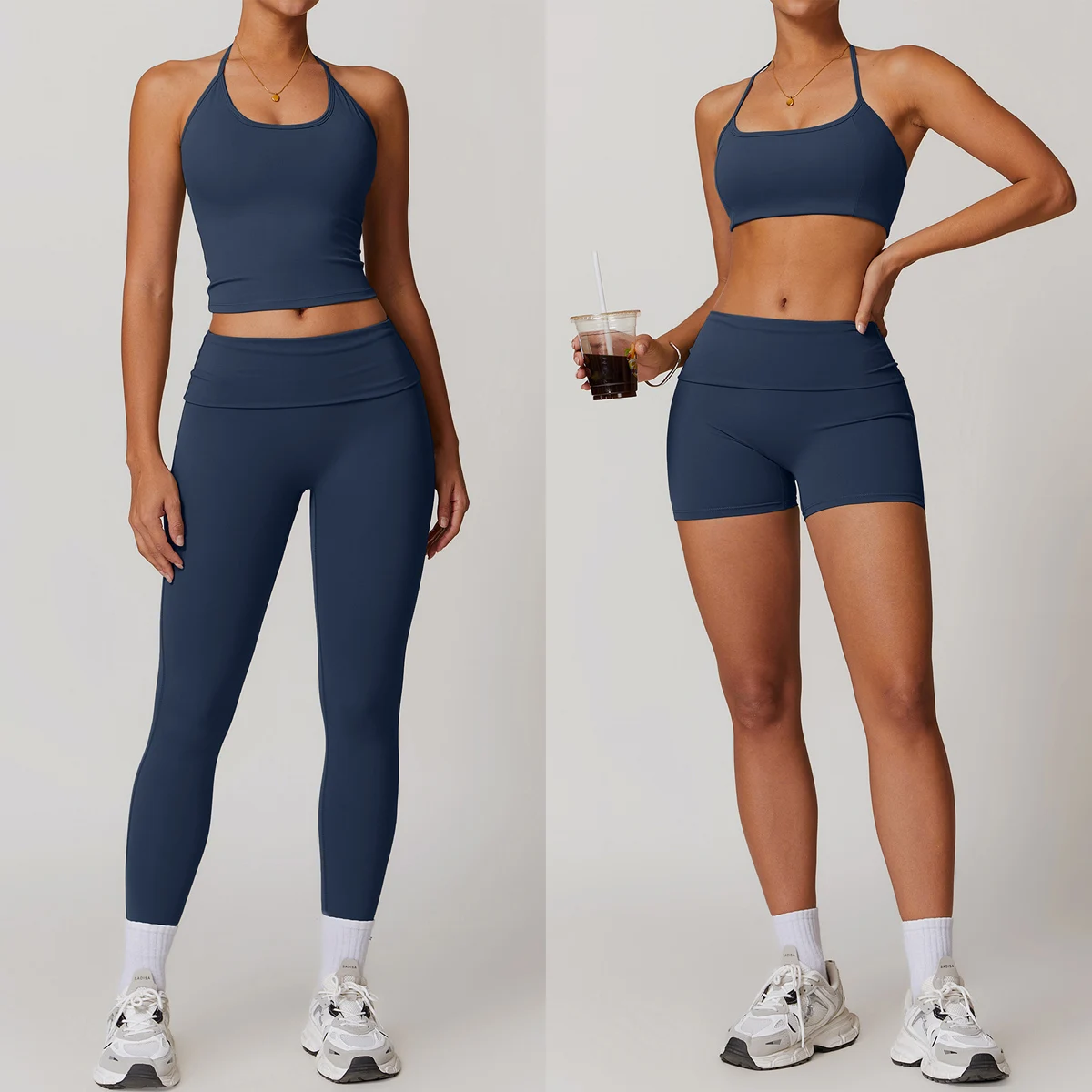 Matching Set Workout Clothes for Women Yoga Set Fitness Gym Tracksuit Halter Padded Vest Flared Pants Leggings Sport Shorts Bra