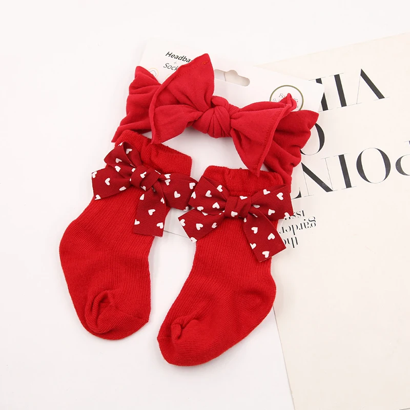 Baby Girls Christmas Socks Heart Dot Plaid Bowknot Socks Toddler Kids Dressy Short Socks Child Fall Princess Socks with Headband