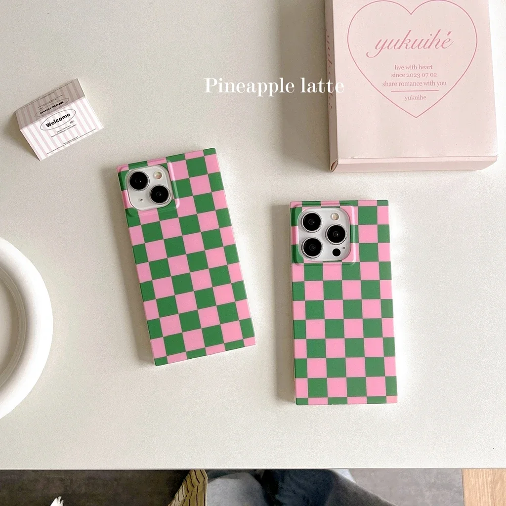 Stylish Rectangle Pink Green Plaid Matte Shockproof Protective Phone Cover Case for iPhone 16 15 14 13 12 Pro Max