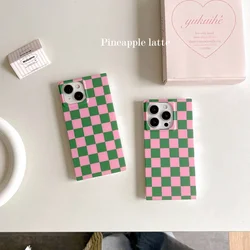 Stylish Rectangle Pink Green Plaid Matte Shockproof Protective Phone Cover Case for iPhone 16 15 14 13 12 Pro Max