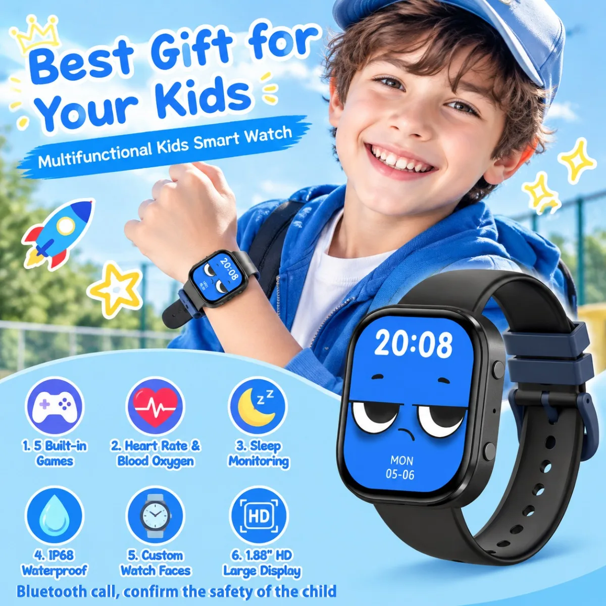 NEW Children's Smart Watch:Bluetooth Call 1.88" HD Health Monitoring Sports Mode IP68 Waterproof Game Multi Tool Smartwatch