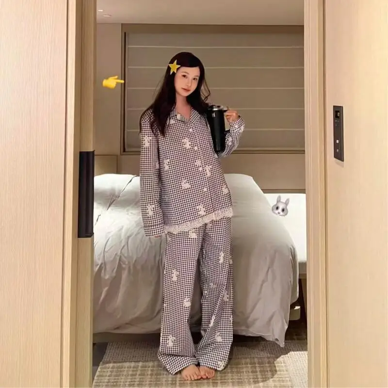 

Women's Pajama Set Fashion Homewear Long Sleeve Pajama Set Cotton Plaid For Women Home Cute Rabbit Sweet Comfortable Loose