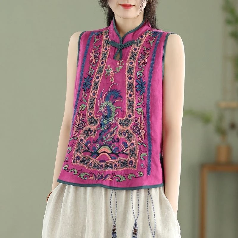 

2024 vintage chinese stand collar ethnic style print sleeveless vest retro embroidery flower loose casual women summer daily top