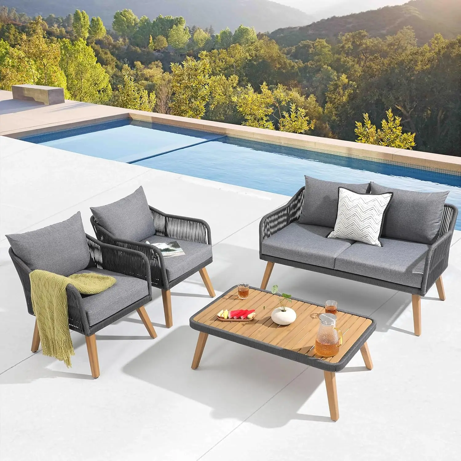 

Patiorama 4 Piece Patio Furniture Set, Outdoor FSC Certified Acacia Wood Conversation Set, All-Weather Rope Sofa Set w/Coffee Ta