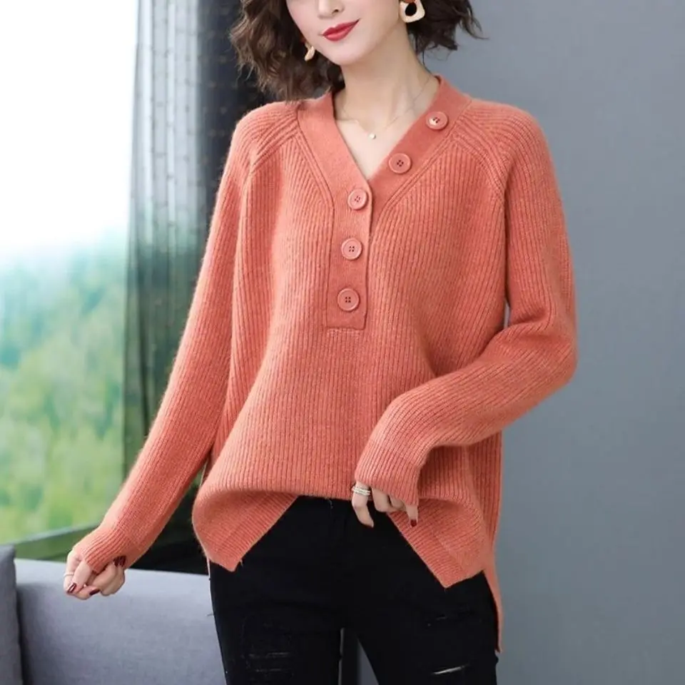 Spring and Autumn 2023 New Women's Foreigner V-neck Sweater Women's Top Cover Belly Bottom Top Spicy Girl Leisure Female Tops