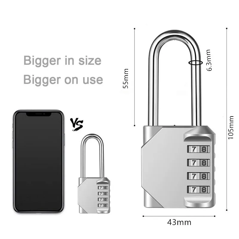 4-Digit Long Shackle Combination Padlock, Zinc Alloy Code Lock for Luggage/Gym/Locker, Black & White, Weatherproof Security Lock