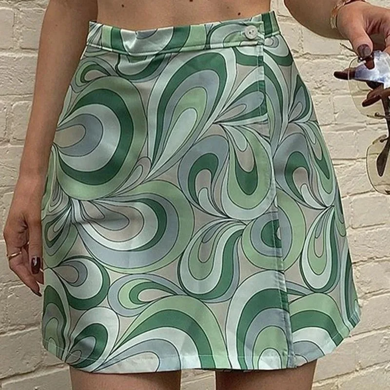 Vintage Swirl Print Mini Skirt Wrap A Line Skirt Button High Waist Retro Casual Bottom