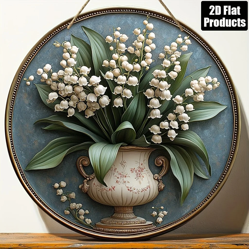 2D Flat - [Home Relaxation] Vintage Lily of the Valley Wall Art, 8x8 Inch Round Wooden Plaque, Rustic Floral Decor for Home, Kit