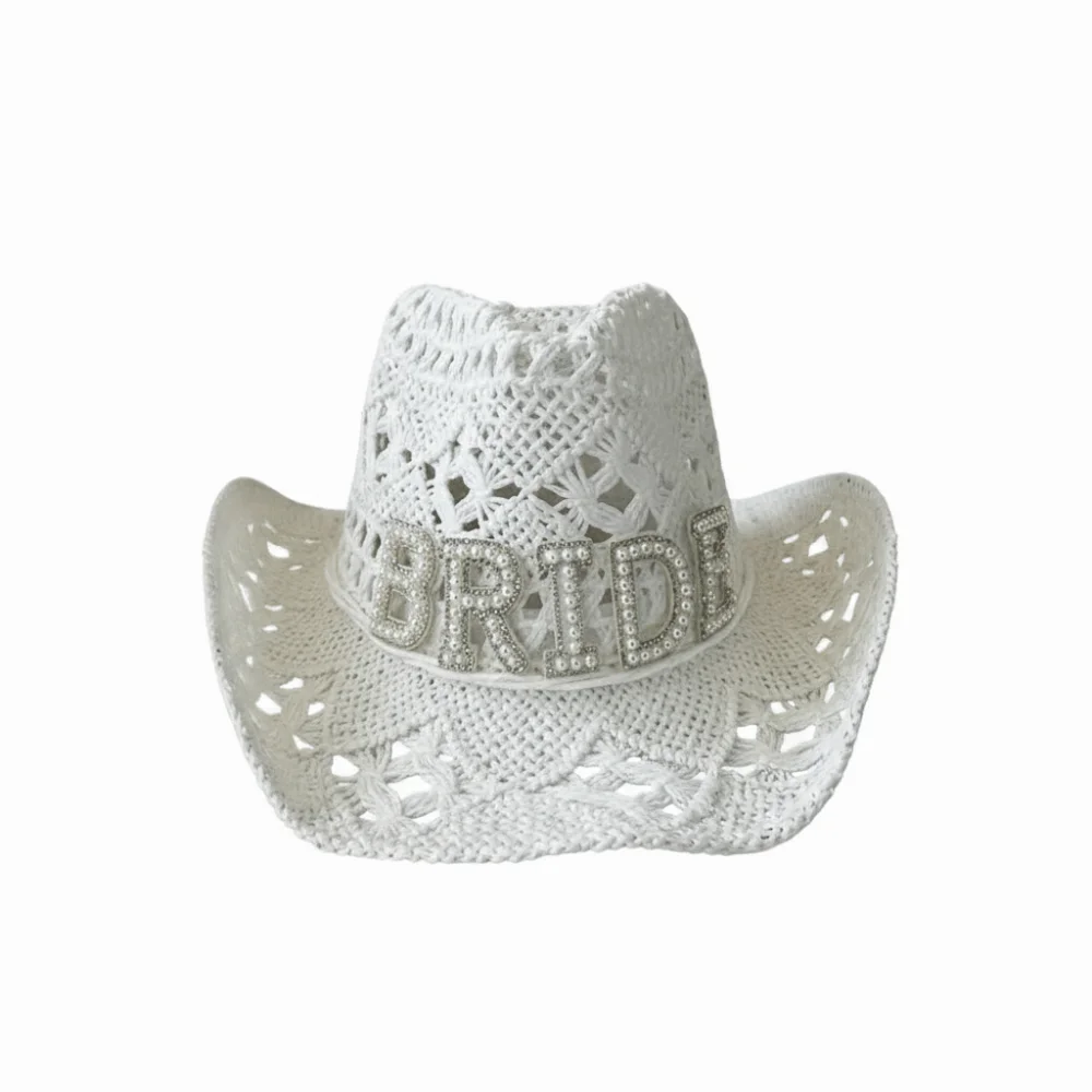 

Rhinestone Letters Bride Wifey Cowboy Hat Crochet Hollow Western Cowboy Hat Breathable Cowgirl Hat For Wedding Bridal Party