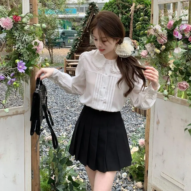 

Sweet Girl's Casual Loose Long Sleeve Shirt Korean Style Lace Trim Collar Blouse Versatile Loose Fit Polyester Fiber Blend