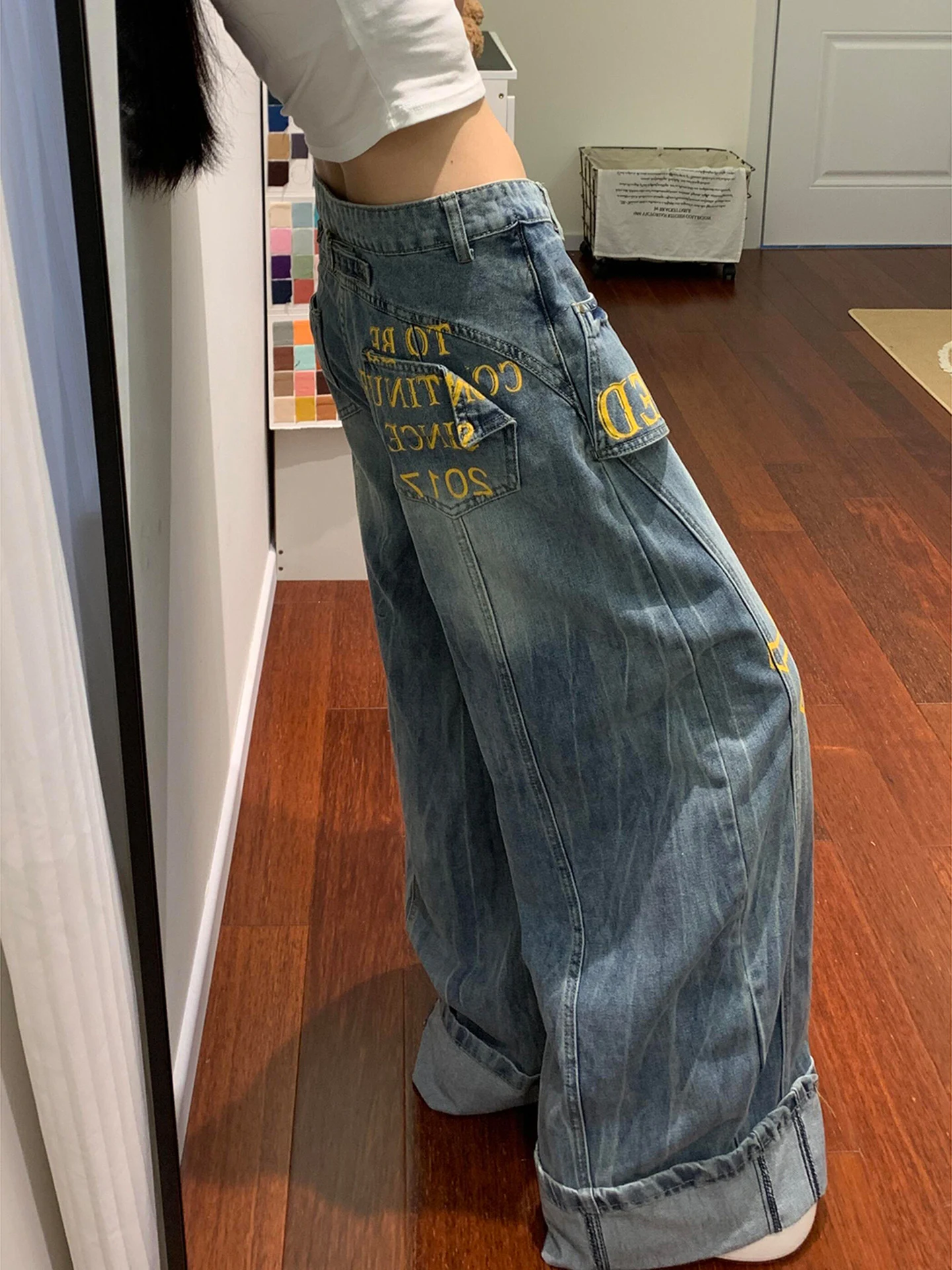 

American Sle High Waist Wide Leg Jeans Women's Spring Autumn Loose Fit Letter fiti Knife Denim Casual Blue