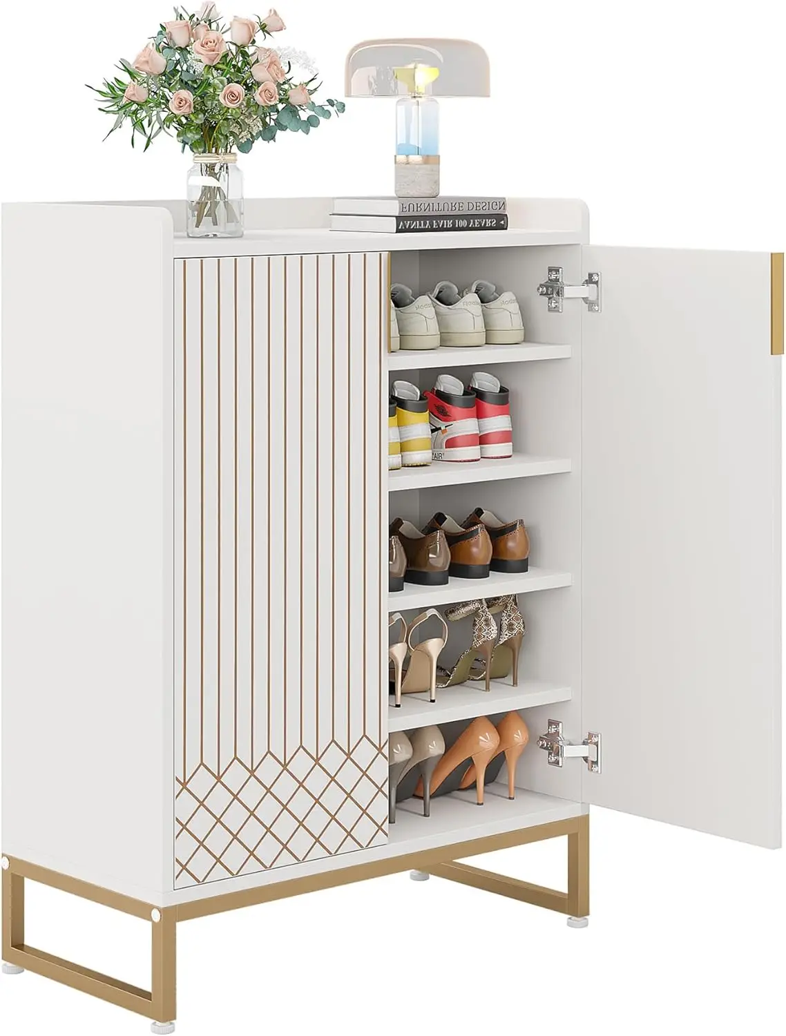 Little Tree Modern White Shoe Cabinet With Doors For Up To 25 Pairs, 5-Tier Wood Shoes Rack Organizer For Entryway Bedroom