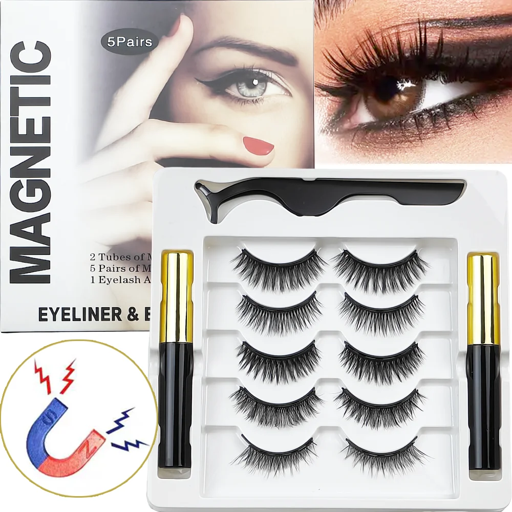 Magnetyczne rzęsy z zestawem eyelinerów, 5 par naturalnie wyglądających rzęs magnetycznych, łatwy w noszeniu zestaw sztucznych rzęs, nie wymaga kleju