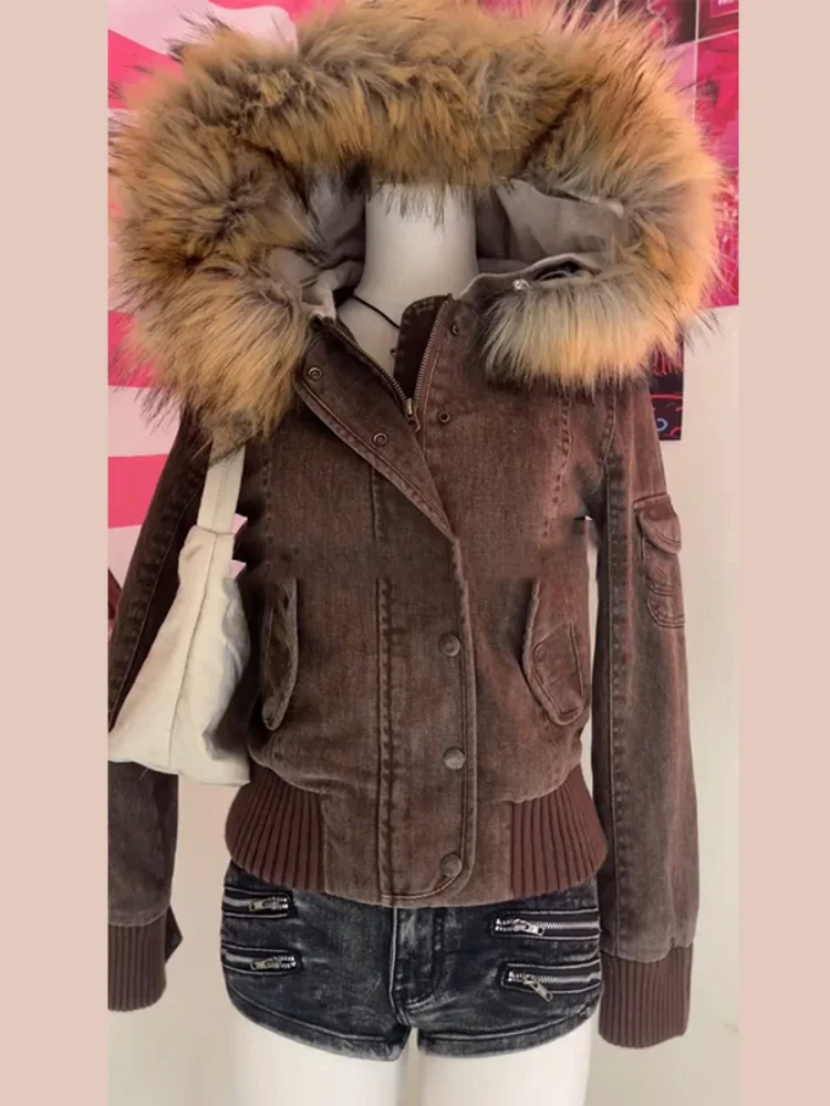 Herbst Winter Vintage Braun Kurze Kapuze Jacke frauen Volle Hülse Schlank Abnehmbare Pelz Kragen Warme 2025, NEUE Weibliche Y2k outwears – Detail 8