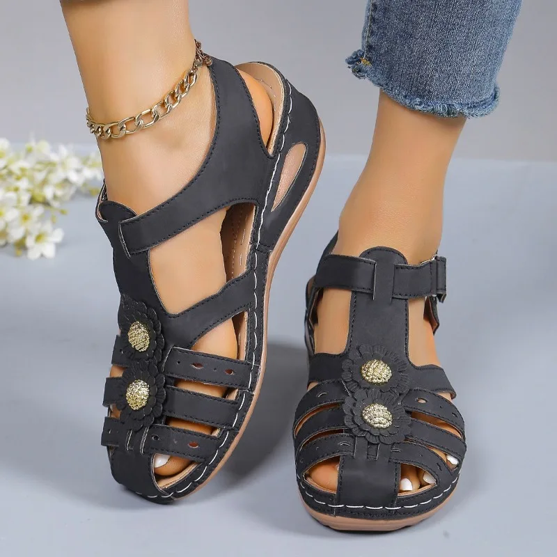 Classic Vintage Women\'s Closed Toe Sandals 2024 Summer New Comfortable Wedge Platform Sandals Outdoor Casual Ladies Beach Shoes