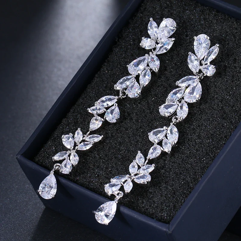 LXOEN Zircons Luxury Marquise Cluster Flower Shape Cubic Zirconia Long Dangle Drop Earrings for Brides Wedding Party Jewelry