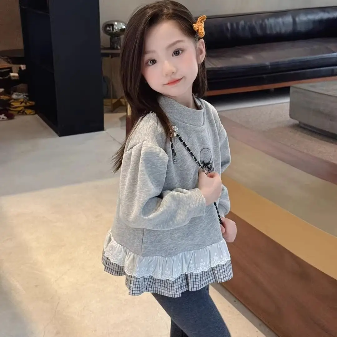 Toddler Girls Autumn Winter Sweatshirt New Fashion Kids Fleece Lined Thick Knitted Top Lace Trim Clothing