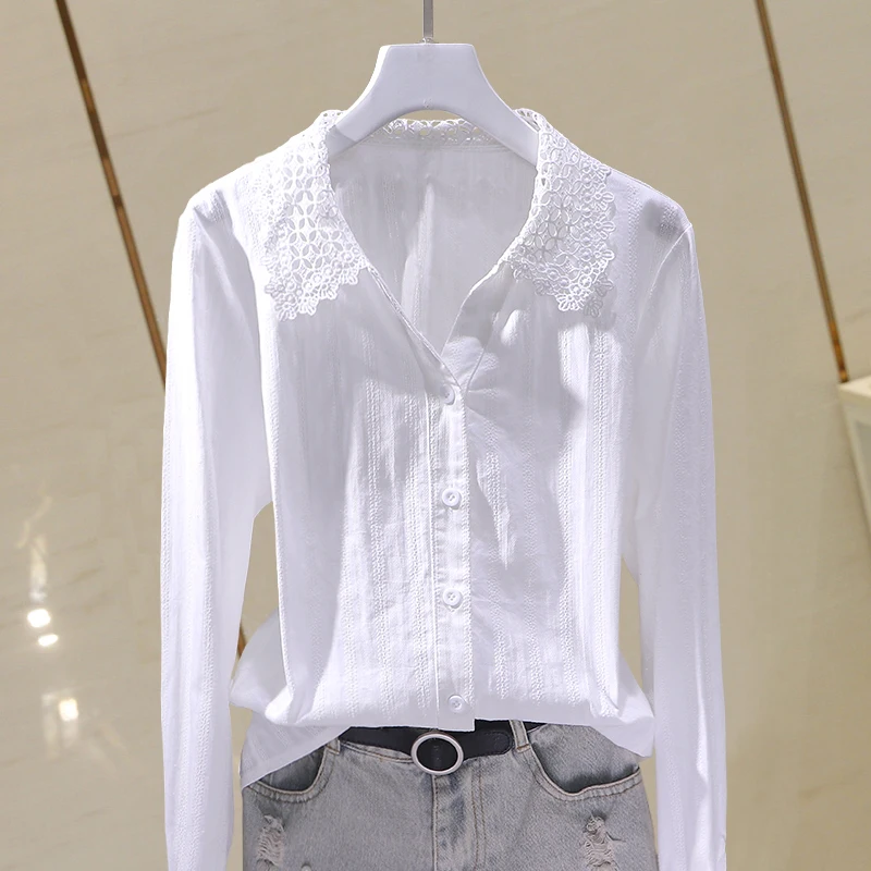 

Elegant Lace Women Shirts Summer Embroidery Solid Long-Sleeved Female Outwear Top Quality