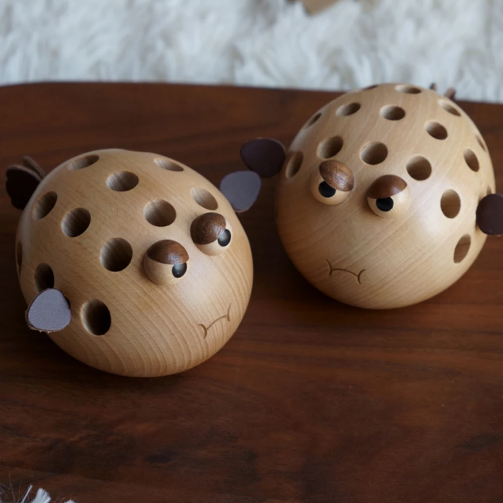 Puffer Fish Pen Holder Children's Storage Box Cute Creative Gifts Office Desktop Insert Solid Wooden Ornament