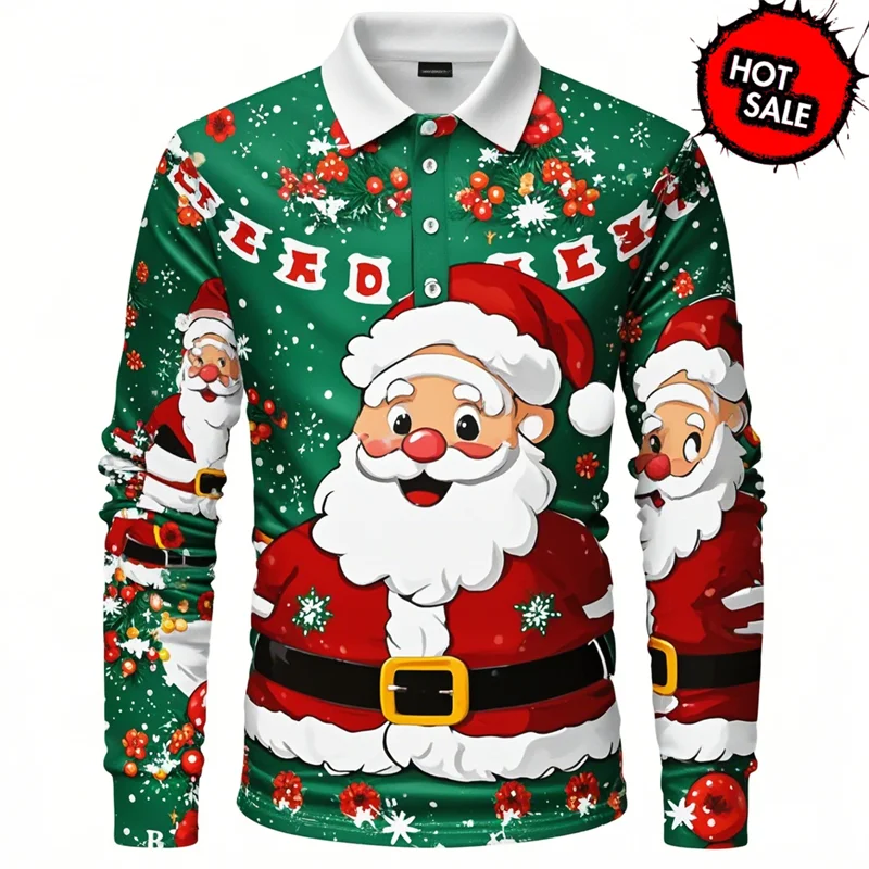 3D Print Cute Santa Claus Polo Shirts Merry Christmas Ugly Long Sleeved Polo Shirts For Men Women Clothing Casual Tee Shirt
