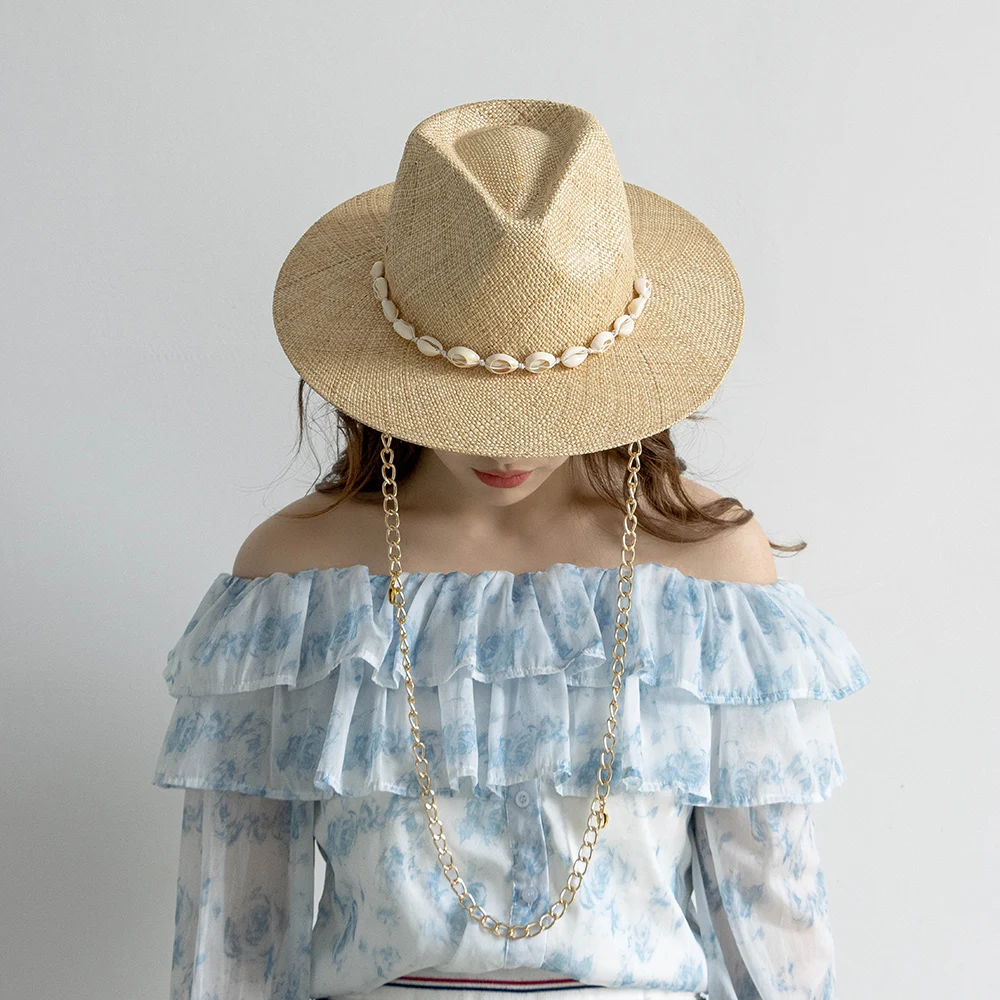 100% Natural raffia straw fedora hat with conch and golden chain wide brim hade made straw hat